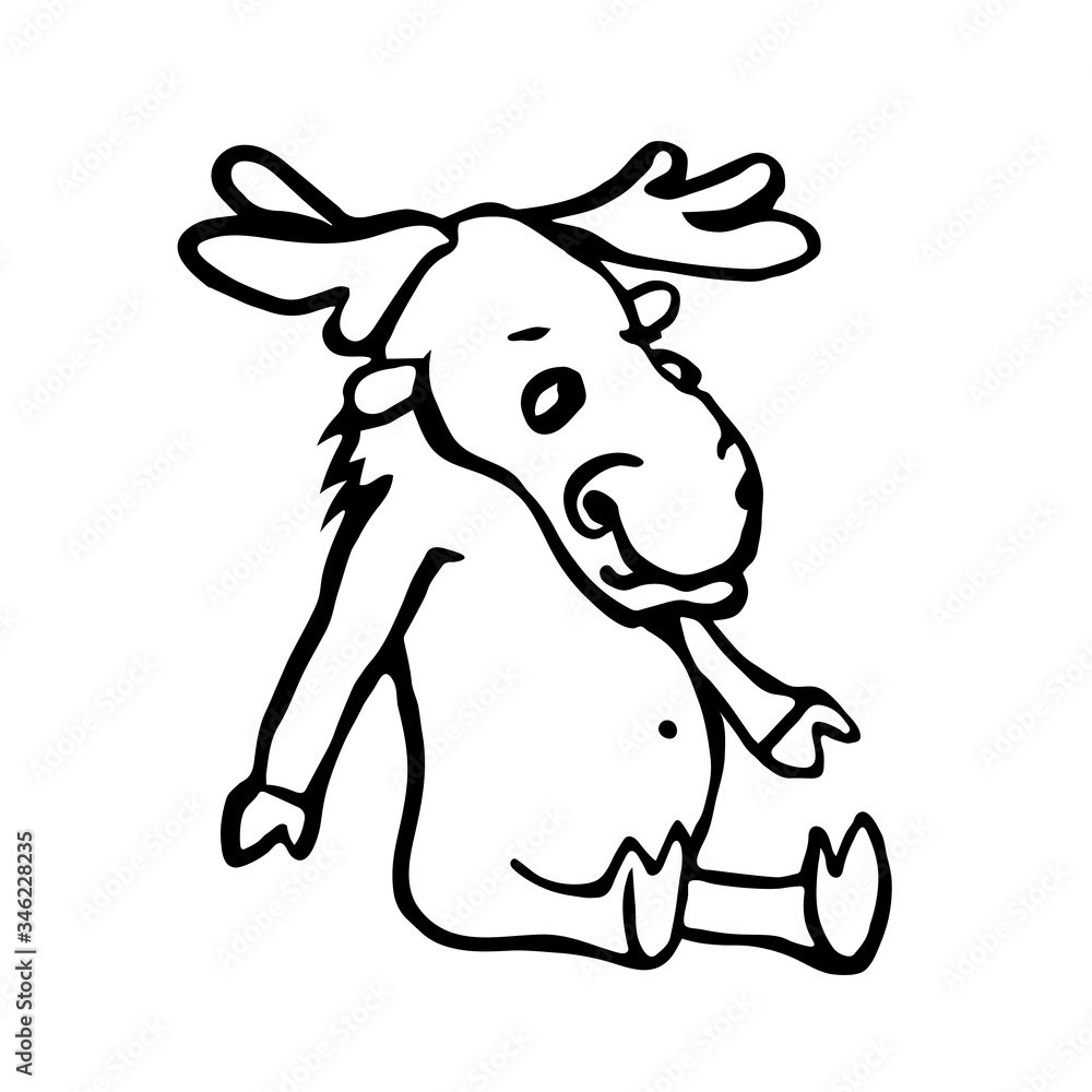 Fototapeta premium single sitting cute funny elk with horns, vector illustration with black ink contour lines isolated on a white background in doodle & hand drawing style