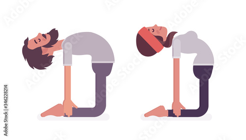 Young yogi man and woman in sports wear practicing yoga, partners doing Ustrasana pose, Camel exercise, stress-free yogic practice. Vector flat style cartoon illustration