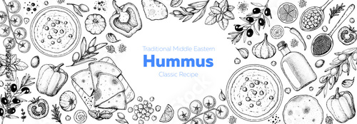 Hummus cooking and ingredients for hummus, sketch illustration. Middle eastern cuisine frame. Healthy food, design elements. Hand drawn, package design. Middle eastern food.