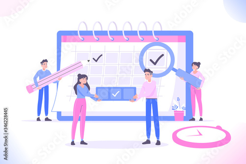 Schedule planning and calendar concept. Young people or workers planning on huge calendar, project development and time management, vector illustration