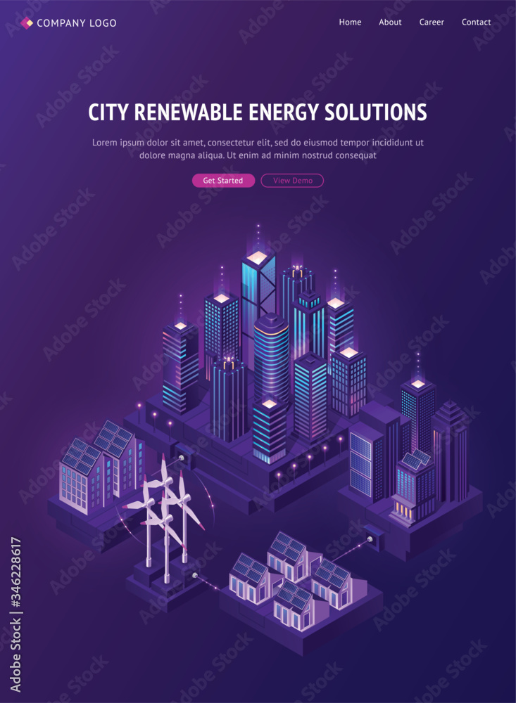 Smart city renewable energy solutions isometric landing page. Smartcity
