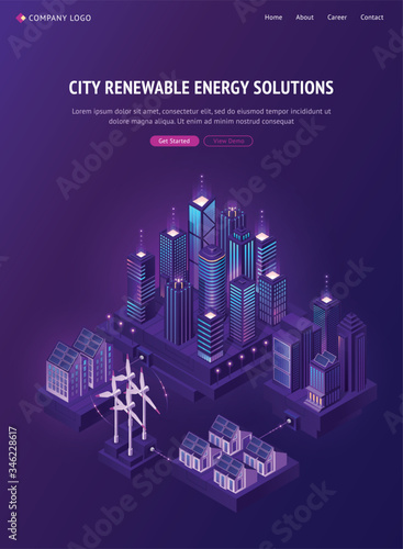 Smart city renewable energy solutions isometric landing page. Smartcity with neon glowing skyscrapers and countryside cottages work on clean windmill sustainable electricity power 3d vector web banner