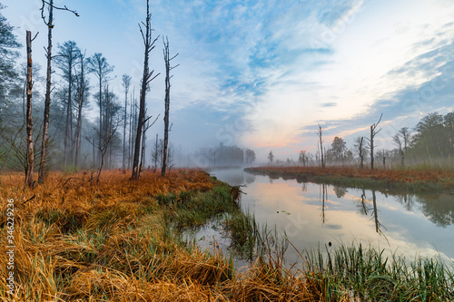 Fototapeta Naklejka Na Ścianę i Meble -  Foggy sunrise over the lake in Mazury region, Poland in impressionism style