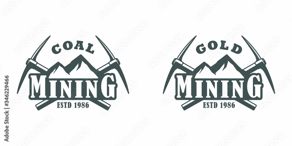 Set of black and white illustrations of mountains, crossed pickaxes and text on a white background. Vector illustration advertises the extraction of gold and coal. Mining company logo.