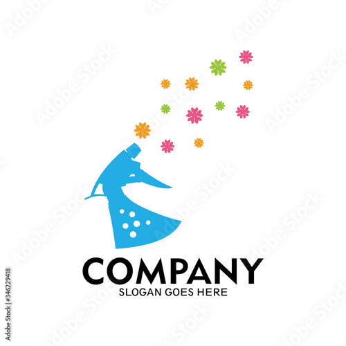 Simple water spray bottle design logo and spray the scent of flowers, Cleaning tool logo template, Symbol cleaning equipment icon
