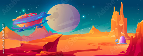 Landscape of planet Mars with colony base and flying rocket. Vector cartoon futuristic illustration of alien red planet surface, spaceship and dome building. Galaxy exploration and colonization