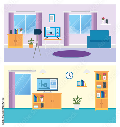 set scenes of living room with furnitures and decoration vector illustration design