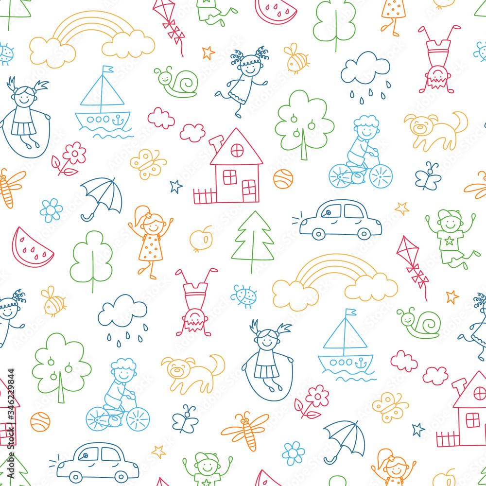 Happy children in summer park. Funny small kids play, run and jump. Color seamless pattern in childish doodle style. Hand drawn vector illustration on white background