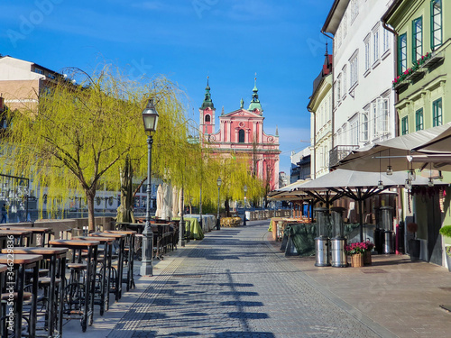 Riverside street leading up to Prešeren Square empty during covid-19 quarantine photo