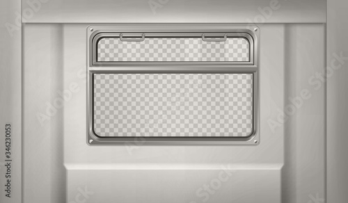 Train wagon interior with window and gray wall. Vector realistic clear glass window with metal frame and handles in metro, passenger compartment in railway transport with transparent background
