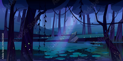 Swamp in tropical forest with fireflies at night. Fairy landscape with marsh, water lilies, trees trunks and rocks. Vector cartoon illustration of wetland, wild jungle with river or pond