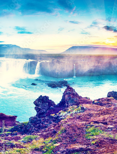 Exciting beautiful landscape with one of the most spectacular waterfalls in Iceland Godafoss on the river Skjalfandafljot. Exotic countries. Amazing places. (Meditation, antistress - concept).