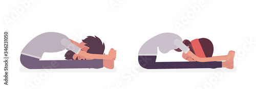 Young yogi man and woman in sports wear practicing yoga, partners doing paschimottanasana pose, Seated forward bend exercise, stress-free yogic practice. Vector flat style cartoon illustration