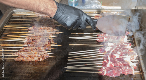 Shish kebab, a popular meal of skewered and grilled cubes of meat photo