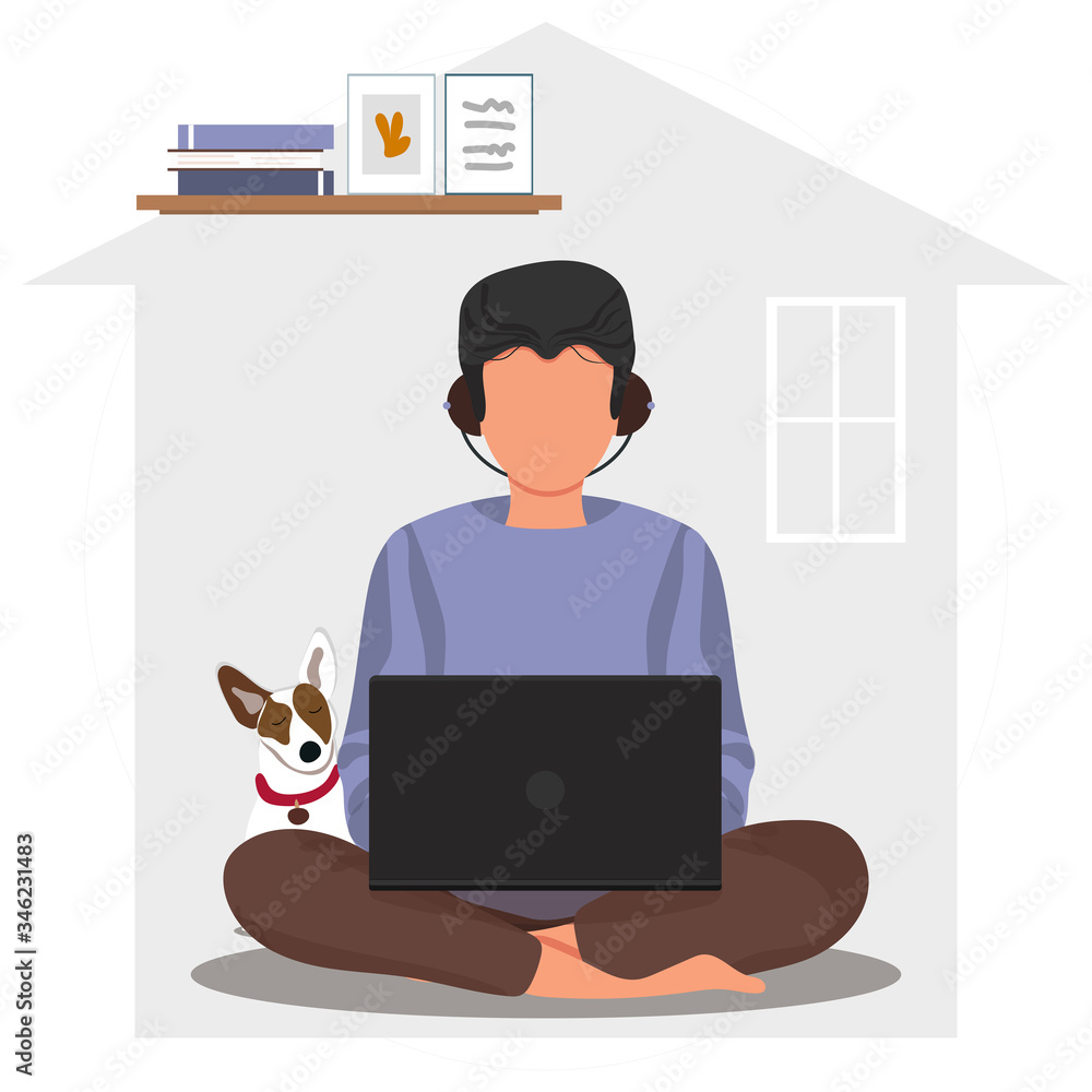 Men sitting and working online at home with dog. Social distancing and self-isolation during coronavirus quarantine. Self-quarantine concept. Person working on laptop. Vector stock illustration