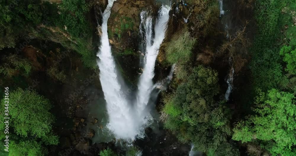 Kfarhelda Waterfall, Lebanon, Looking Down, Orbit, Mountain and Trees, Aerial Kfarhelda Waterfall, Lebanon, Looking Down, Orbit, Mountain and Trees, Aerial
