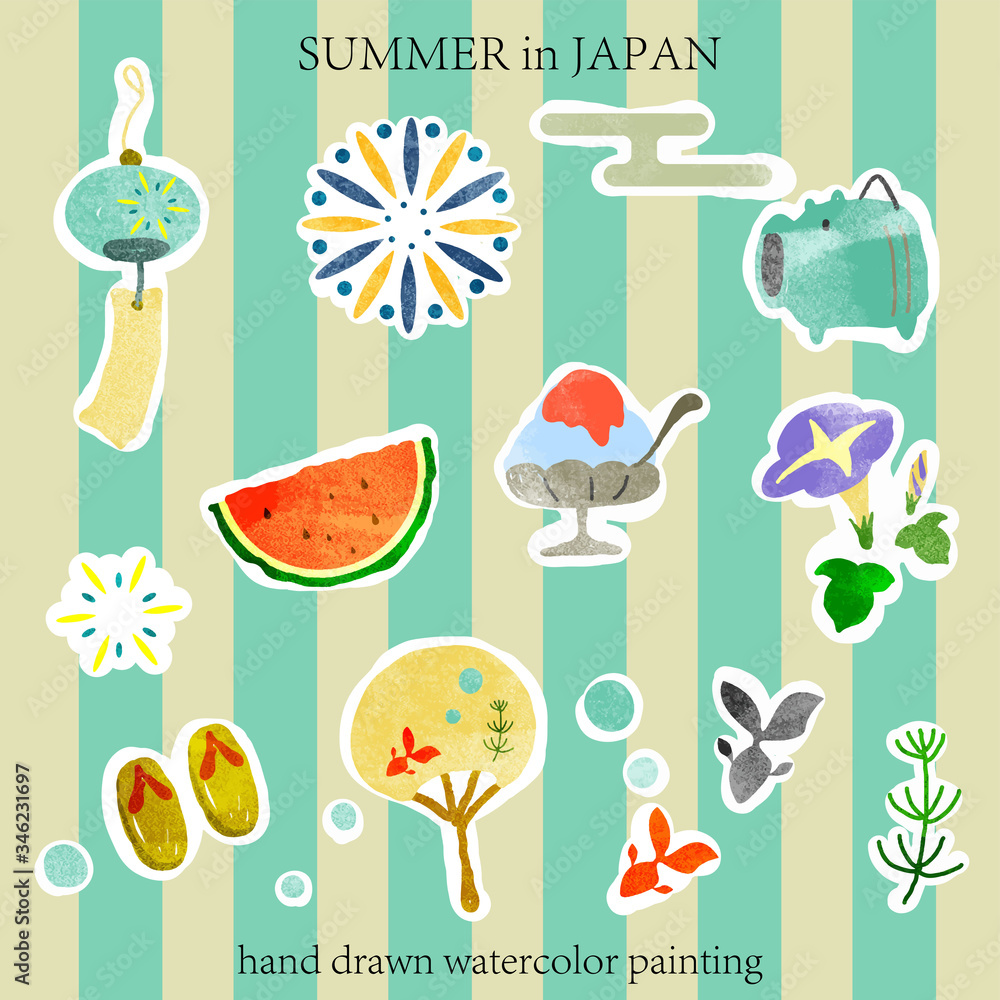 水彩テクスチャ 夏の和素材セット Stock Vector Adobe Stock