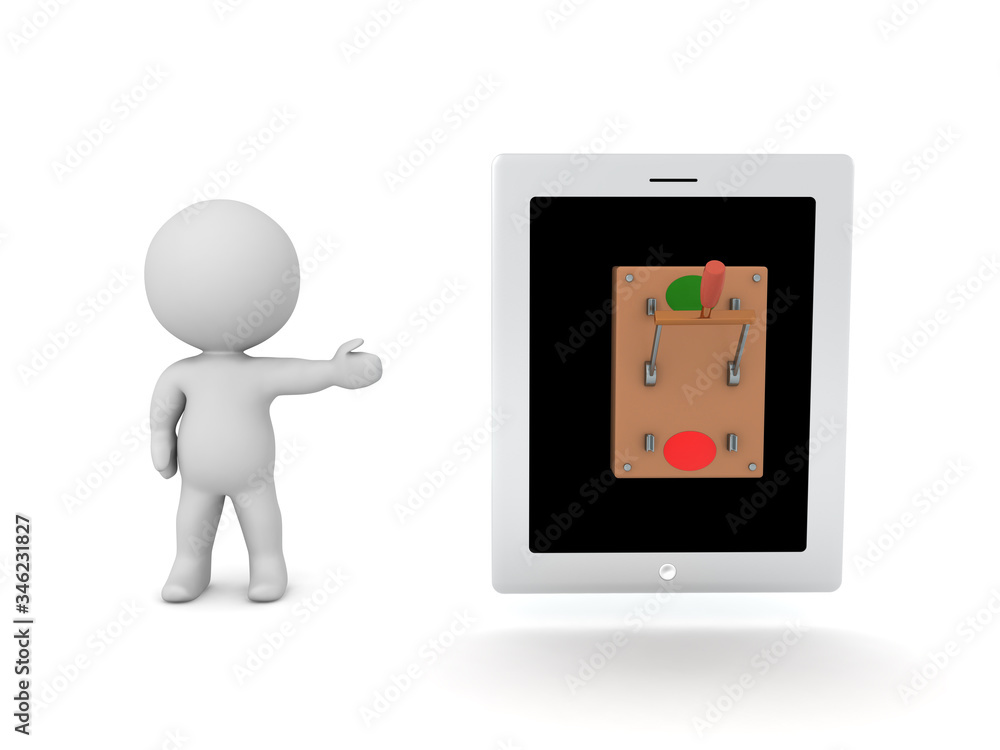 3D Character showing tablet with on off switch on it 3D Character showing tablet with on off switch on it