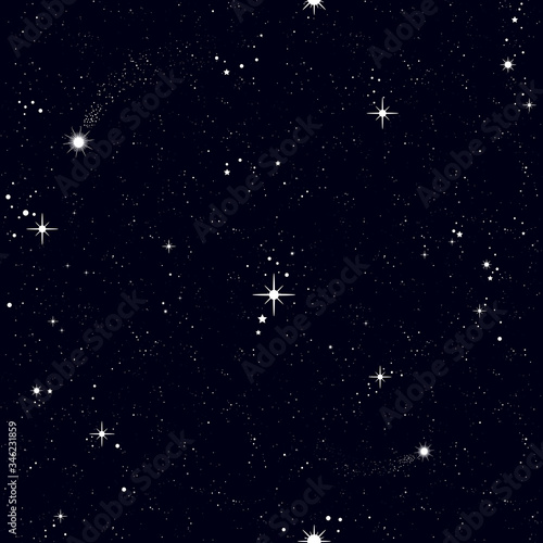 Space seamless pattern, beautiful universe, night sky with stars. Texture for wallpapers, fabric, wrap, web page backgrounds, vector illustration