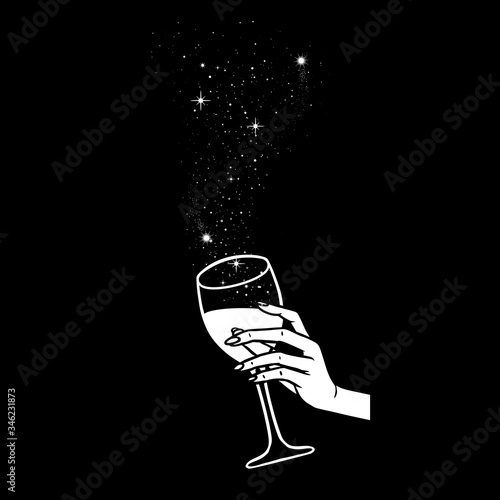Cheers, girls drinking, hands with wine glasses and space stars potion, vector illustration