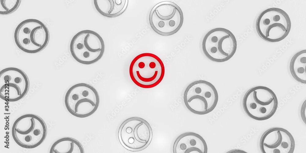 red smiling face emoticon in between crying and sad emoticon faces 3d rendering illustration. resilience happiness mental health concept red smiling face emoticon in between crying and sad emoticon faces 3d rendering illustration. resilience happiness mental health concept