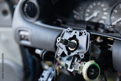 Close Up car steering wheel repair after the accident.