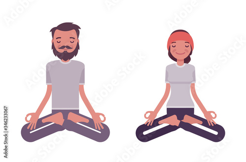 Young yogi man and woman in sports wear practicing yoga, partners doing Padmasana pose, Lotus exercise, stress-free yogic meditation practice. Vector flat style cartoon illustration