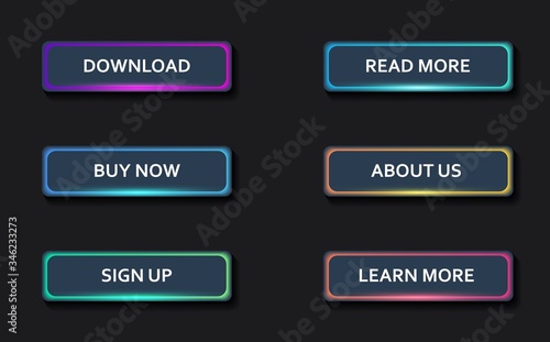 Set of dark rectangular neon glowing web buttons for internet store design