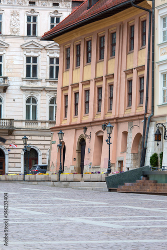 Small Market Square, a deserted city due to the coronavirus epidemic, no tourists, Krakow, Poland