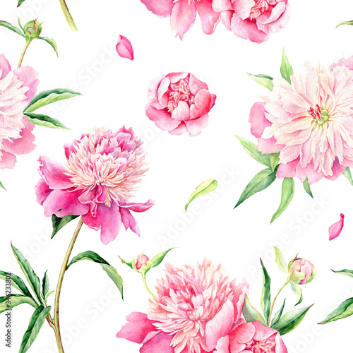 Summertime garden flowers Peonies watercolor vector seamless pattern. Beautiful hand drawn texture.