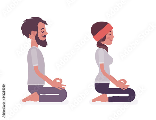 Young yogi man and woman in sports wear practicing yoga, partners doing seiza pose, vajrasana exercise, stress-free yogic meditation practice. Vector flat style cartoon illustration