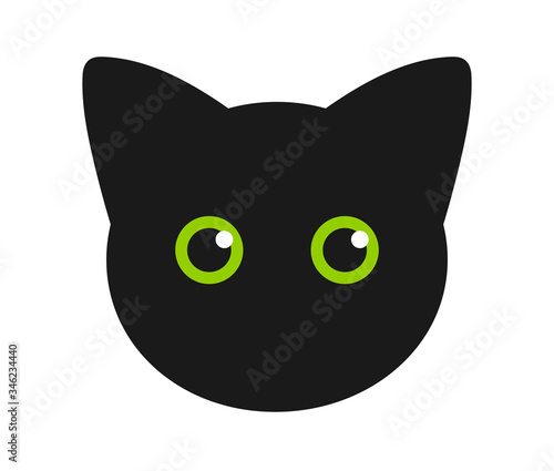 Cute black cat face with green eyes.