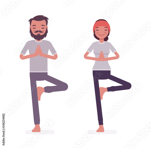 Young yogi man and woman in sports wear practicing yoga, partners doing Vrksasana pose, Tree exercise, yogic practice. Vector flat style cartoon illustration