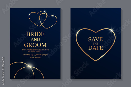 Wedding invitation design or greeting card templates with golden hearts and rings on a dark blue background.