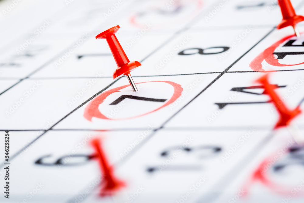 Fototapeta premium 2020 calendar page marked with an important date in red pin. timeline, time, concept, idea, management
