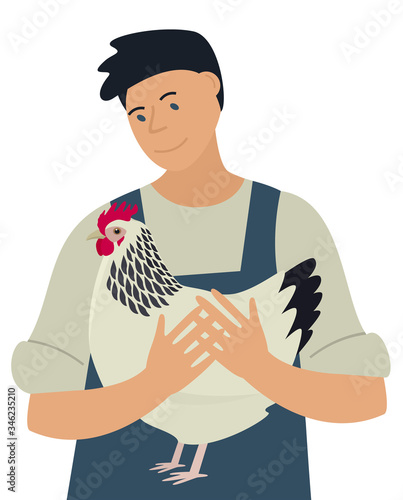 Farmer with Sussex hen Flat vector illustration Chicken Breeds Poultry farming