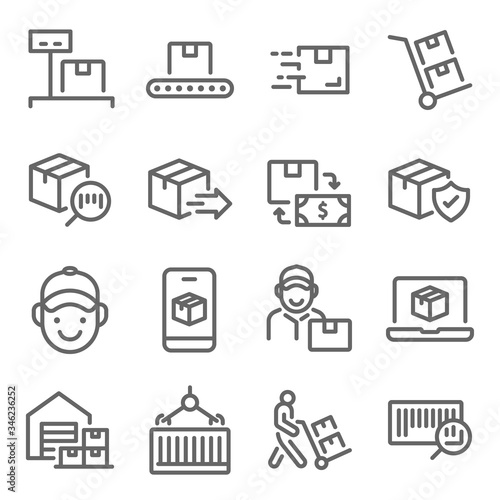 Logistic Shipping icon set vector illustration. Contains such icon as Warehouse, Courier, Delivery, Parcel, Container and more. Expanded Stroke