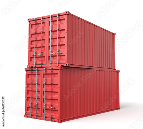 3d rendering of red shipping containers stocked isolated on white background