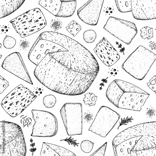 Cheese seamless pattern. Hand drawn vector illustration. Vintage food background. Engraved style. Different cheese kinds background.