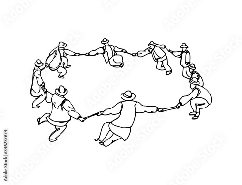 Men in national costumes dancing in circle hand drawn vector.  Round dance on men in ukrainian national hutsul costumes.