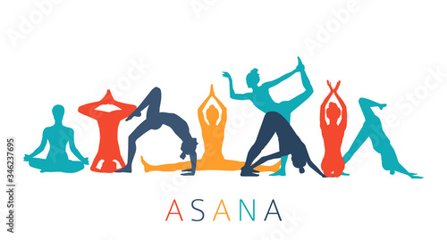 Female in swimsuit in different yoga positions. Woman silhouette making stretching exercises vector. Colorful girl silhouettes in yoga poses on white background.
