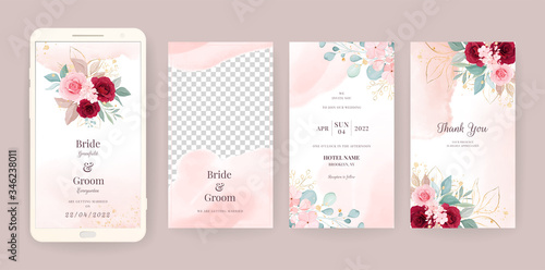 Electronic wedding invitation card template set with floral and watercolor ba...