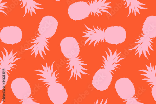 Pink pineapple seamless pattern. Hand-drawn pineapple silhouettes on an orange background. Trendy summer design for greeting cards, banner, wrapping paper and wallpapers. Summer fruits and summertime.