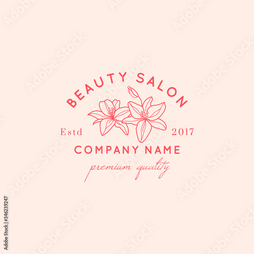 Lily flower logo design template in simple minimal linear style. Vector floral emblem and icon