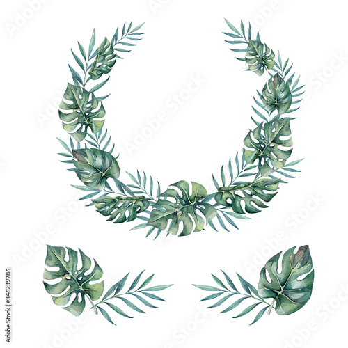 Fototapeta Naklejka Na Ścianę i Meble -  beautiful watercolor wreath of tropical leaves