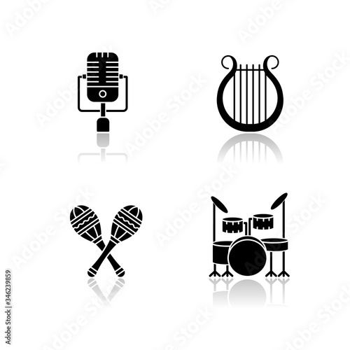 Band musical instruments drop shadow black glyph icons set. Vintage microphone. Traditional greek lyra. Crossed maracas. Drum kit to play beats. Isolated vector illustrations on white space