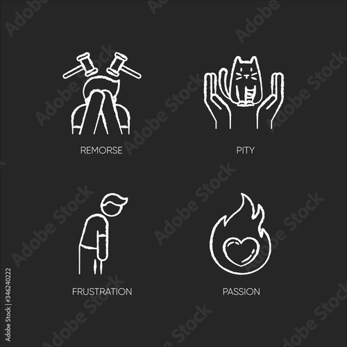 Human emotion chalk white icons set on black background. Remorse for psychological healing. Mental state. Feeling of empathy. Frustration from depression. Isolated vector chalkboard illustrations
