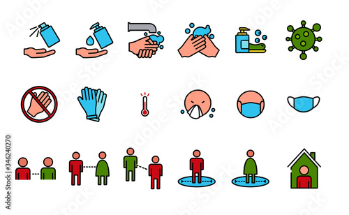 Set of coronavirus icon, wash hand set of icon, social distancing icon, face mask icon, 2019-nCoV, Prevention tips for COVID-19