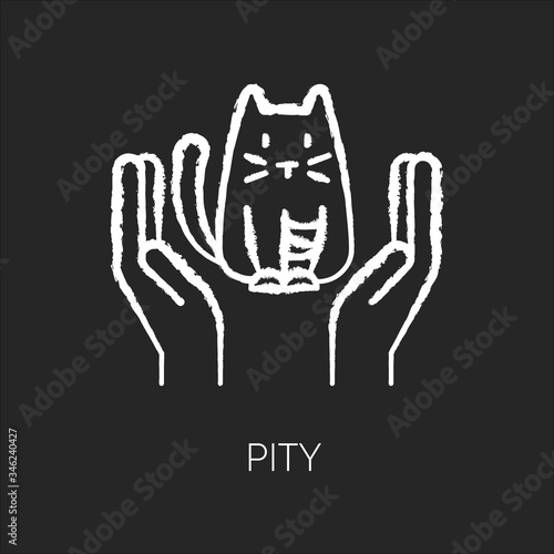 Pity chalk white icon on black background. Sympathy towards suffering animal. Empathetic feeling. Kindness and compassion. Emotional intelligence. Isolated vector chalkboard illustration