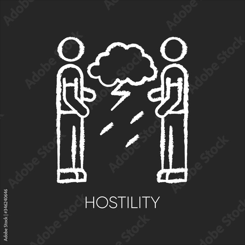 Hostility chalk white icon on black background. Aggressive behaviour. Dispute with offended man. Disgust toward enemy. Tense relationship. Psychological issue. Isolated vector chalkboard illustration